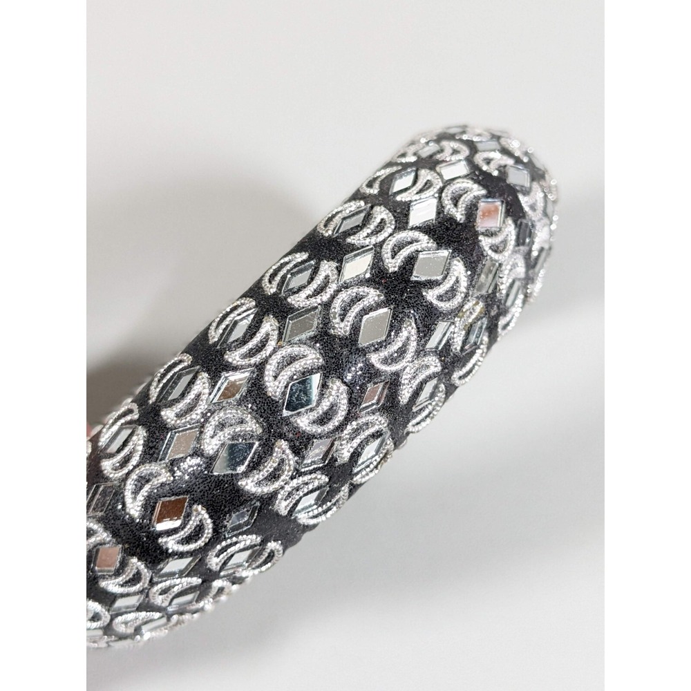 Black Silver Tone‎ mirror Crescent Moon Inlay Bangle Bracelet 8 inches